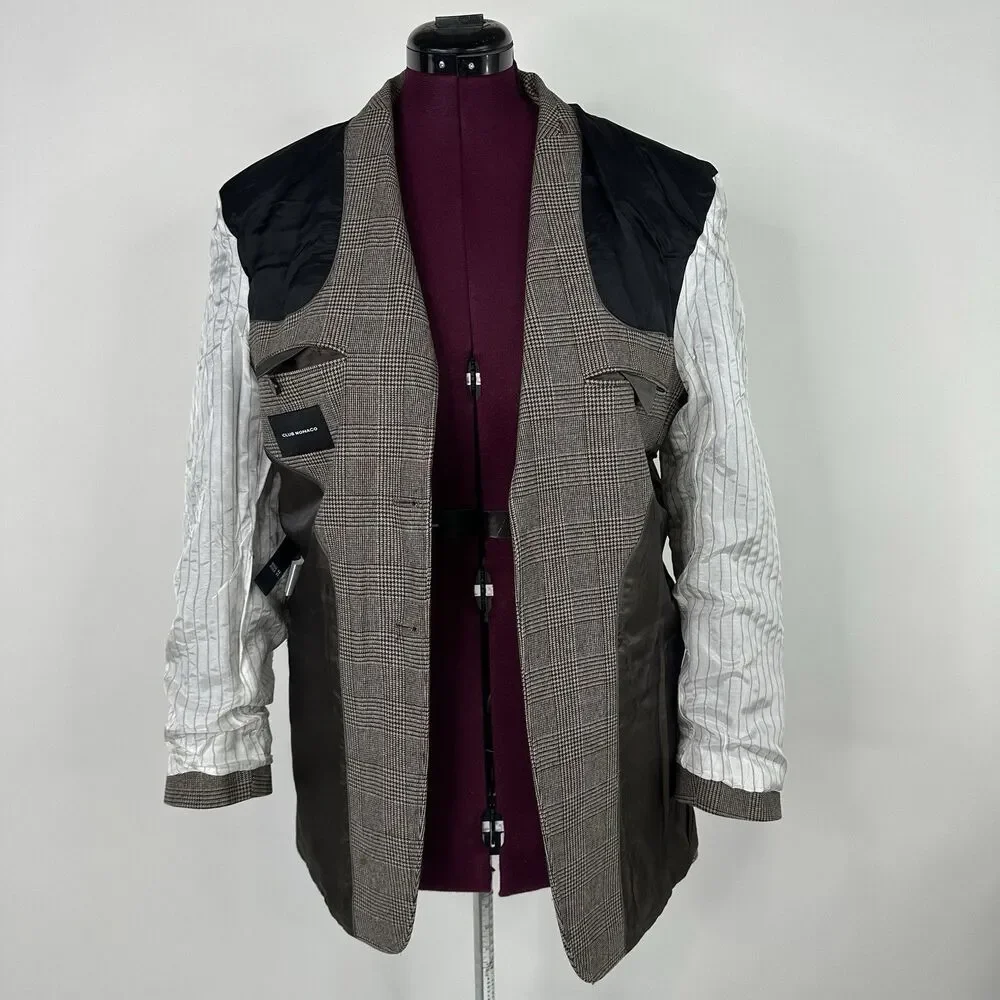 Club Monaco Elbow Patch Equestrian Wool Blazer 40R Brown Plaid Sport coat Jacket